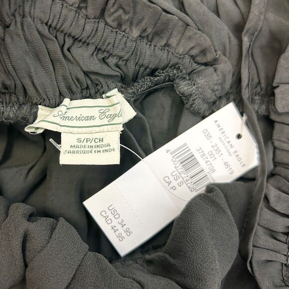 American Eagle Blouse Tank Top Womens S Black Crop Babydoll Cami Spaghetti Strap - Picture 7 of 13